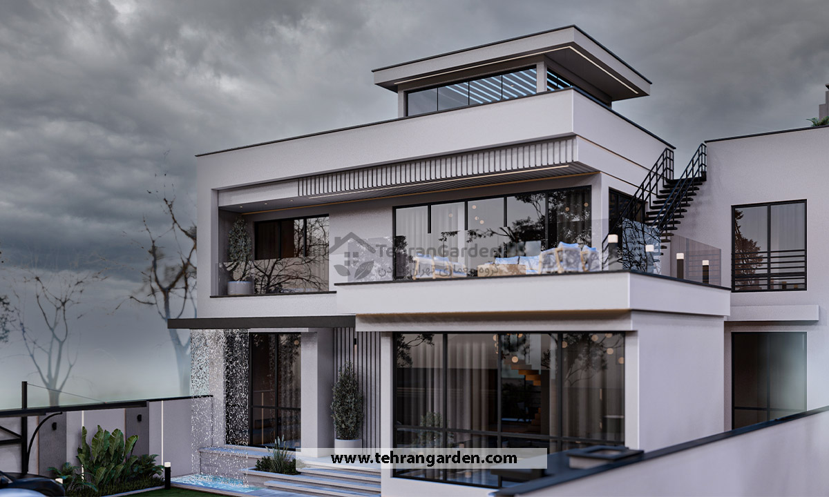 تصميم واجهة فيلا مع نافورة