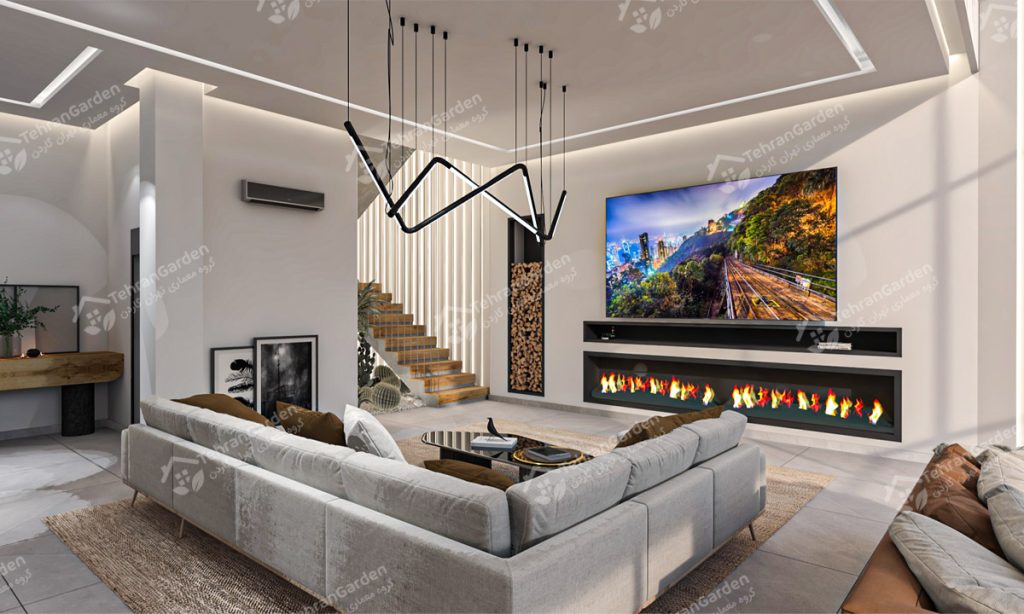 تصميم مساحة حائط التلفزيون في الفيلا
